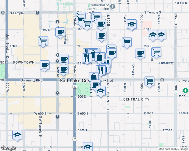map of restaurants, bars, coffee shops, grocery stores, and more near in Salt Lake City