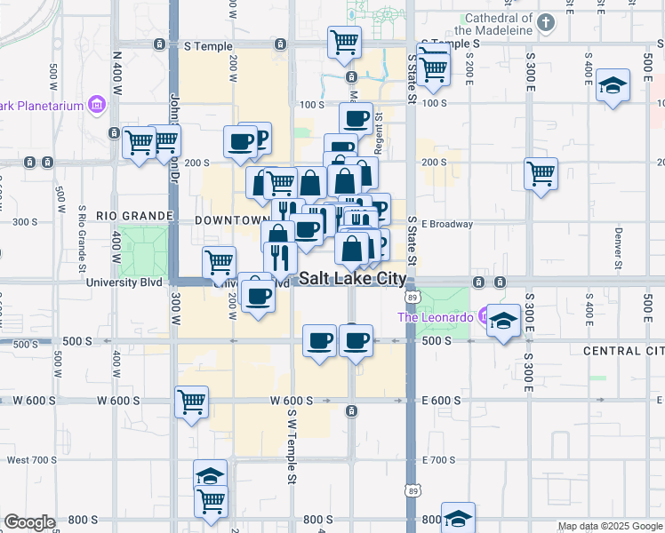 map of restaurants, bars, coffee shops, grocery stores, and more near 351 South West Temple in Salt Lake City