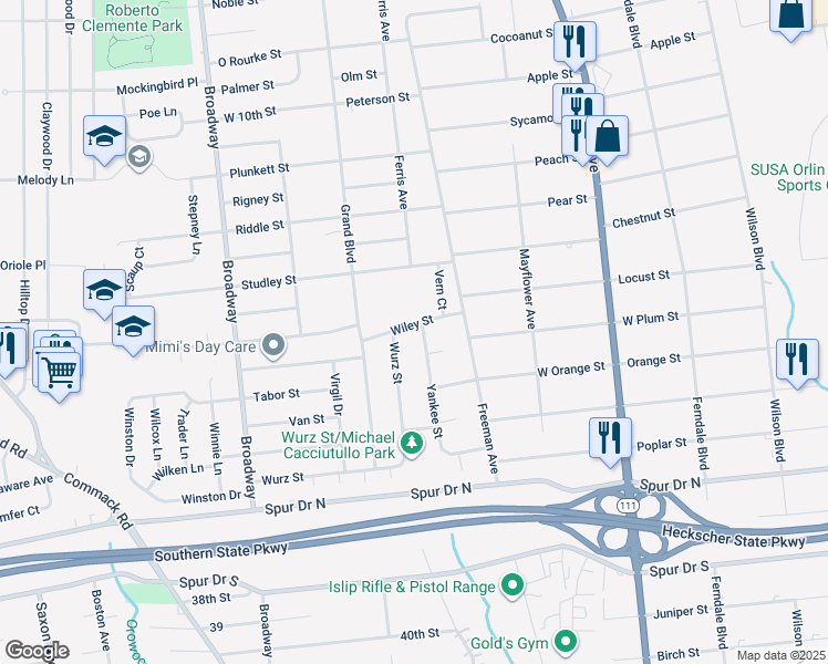 map of restaurants, bars, coffee shops, grocery stores, and more near 232 Wiley Street in Brentwood