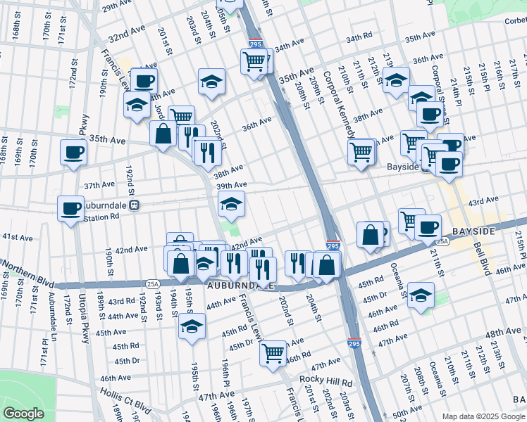 map of restaurants, bars, coffee shops, grocery stores, and more near 40-24 203rd Street in Queens
