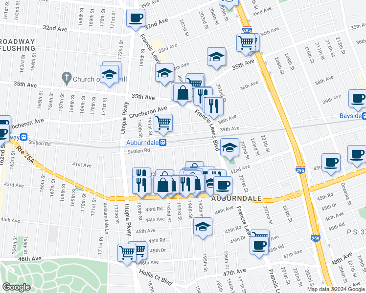map of restaurants, bars, coffee shops, grocery stores, and more near 194-02 Station Road in Queens