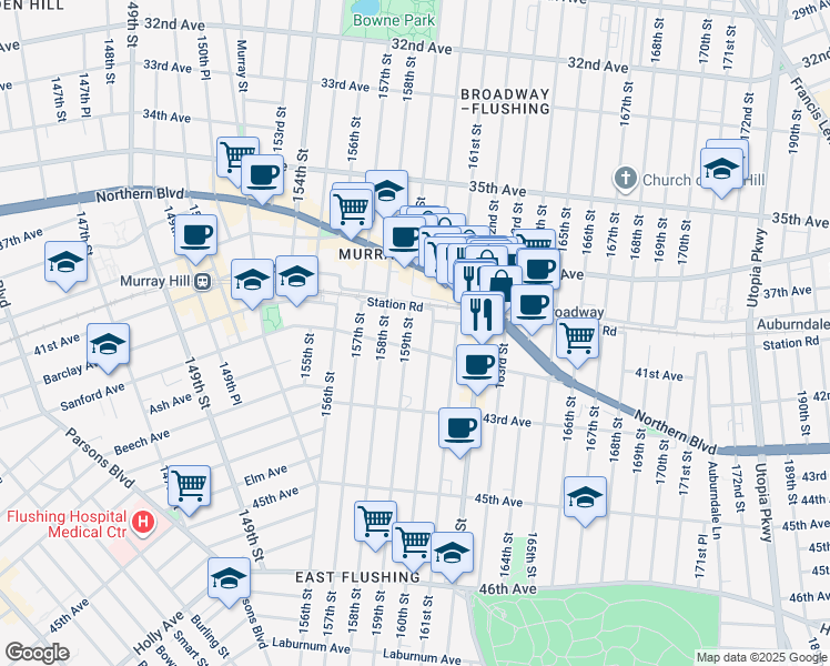 map of restaurants, bars, coffee shops, grocery stores, and more near 41-32 160th Street in Queens