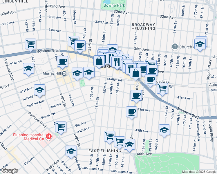 map of restaurants, bars, coffee shops, grocery stores, and more near 158-0 Sanford Avenue in Queens