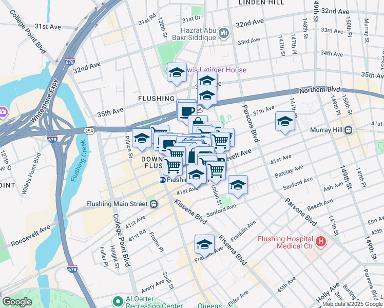 map of restaurants, bars, coffee shops, grocery stores, and more near 136-98 Roosevelt Avenue in Queens