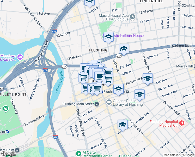 map of restaurants, bars, coffee shops, grocery stores, and more near 135-33 39th Avenue in Queens