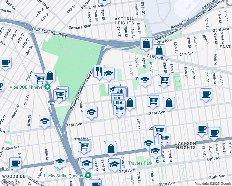 map of restaurants, bars, coffee shops, grocery stores, and more near 25-47 75th Street in Queens