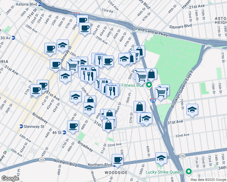 map of restaurants, bars, coffee shops, grocery stores, and more near 28-28 50th Street in Queens