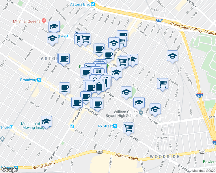 map of restaurants, bars, coffee shops, grocery stores, and more near 30-92 42nd Street in Queens