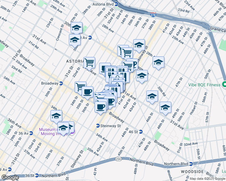 map of restaurants, bars, coffee shops, grocery stores, and more near 31-28 38th Street in Queens