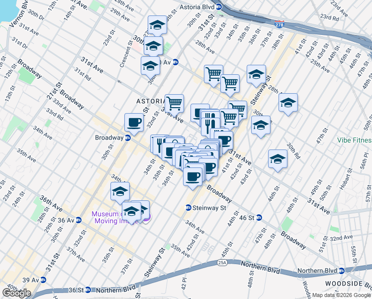 map of restaurants, bars, coffee shops, grocery stores, and more near 31-48 37th Street in Queens