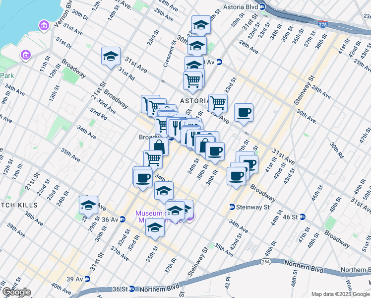 map of restaurants, bars, coffee shops, grocery stores, and more near 32-14 33rd Street in Queens