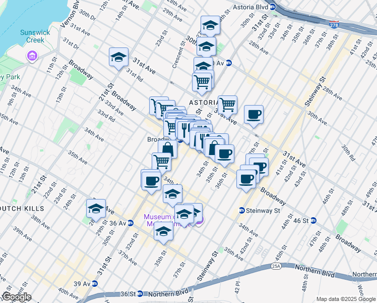 map of restaurants, bars, coffee shops, grocery stores, and more near 32-14 33rd Street in Queens