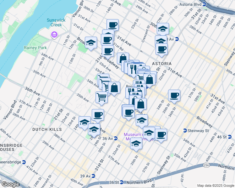 map of restaurants, bars, coffee shops, grocery stores, and more near in Queens