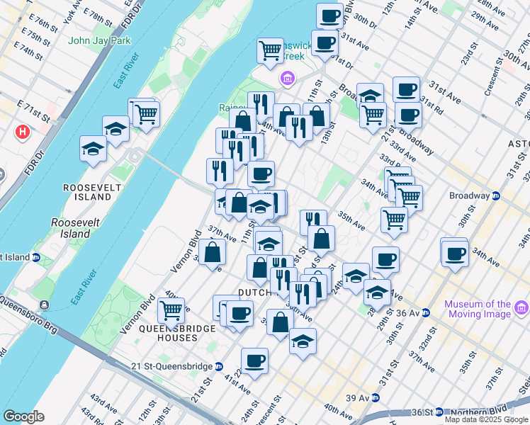 map of restaurants, bars, coffee shops, grocery stores, and more near 11-9 36th Avenue in Queens