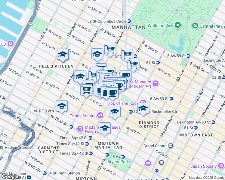 map of restaurants, bars, coffee shops, grocery stores, and more near in New York