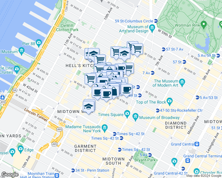 map of restaurants, bars, coffee shops, grocery stores, and more near 302 West 47th Street in New York