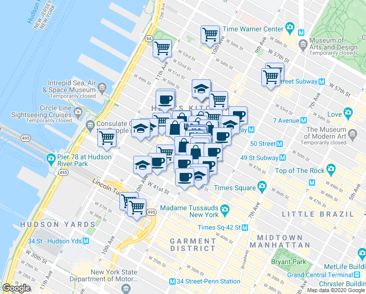 map of restaurants, bars, coffee shops, grocery stores, and more near 421 West 45th Street in New York