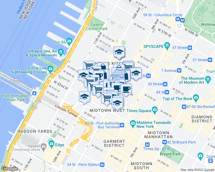 map of restaurants, bars, coffee shops, grocery stores, and more near 421 West 45th Street in New York