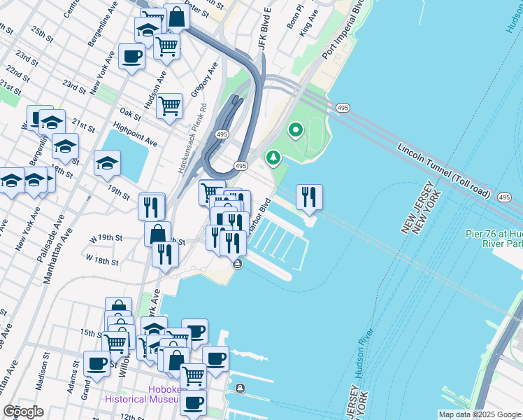 map of restaurants, bars, coffee shops, grocery stores, and more near 1500 Harbor Boulevard in Weehawken
