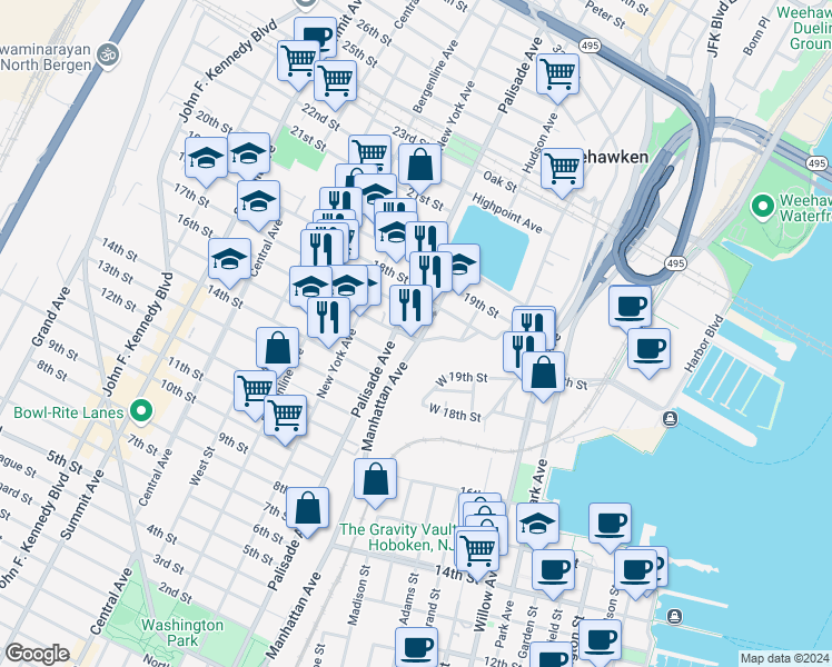 map of restaurants, bars, coffee shops, grocery stores, and more near 201 16th Street in Union City