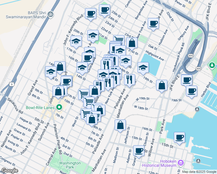 map of restaurants, bars, coffee shops, grocery stores, and more near 1415 New York Avenue in Union City