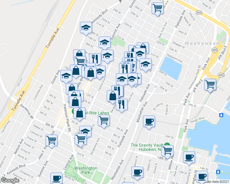 map of restaurants, bars, coffee shops, grocery stores, and more near 1317 Bergenline Avenue in Union City
