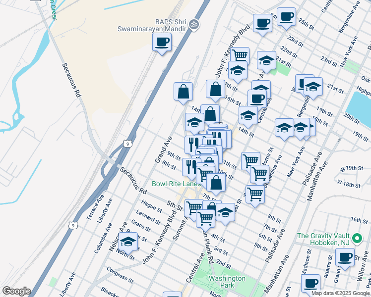 map of restaurants, bars, coffee shops, grocery stores, and more near 1200 10th Street in North Bergen
