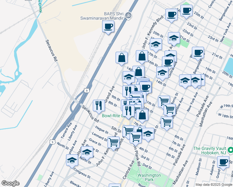 map of restaurants, bars, coffee shops, grocery stores, and more near 1316 9th Street in North Bergen