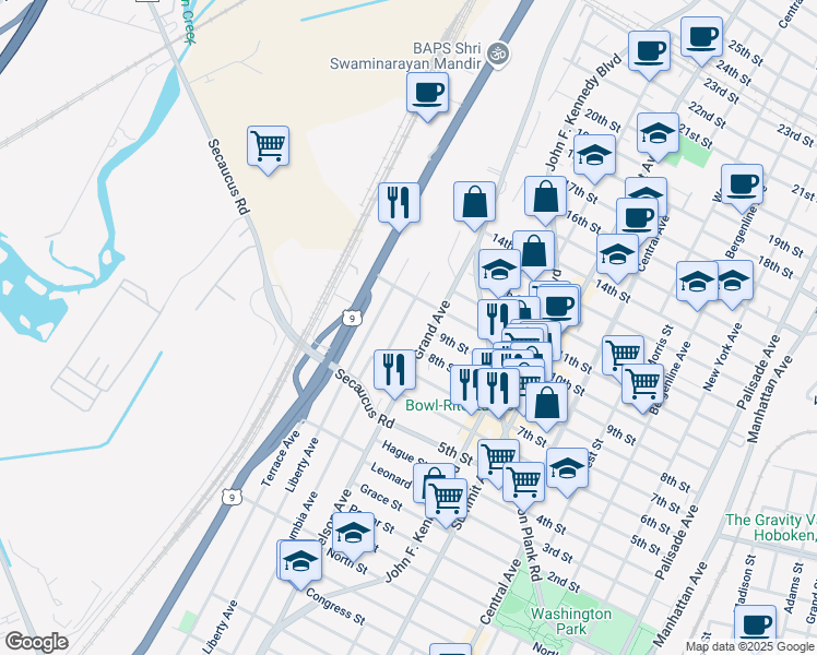 map of restaurants, bars, coffee shops, grocery stores, and more near 811 Grand Avenue in North Bergen