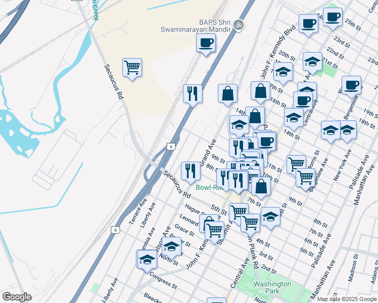 map of restaurants, bars, coffee shops, grocery stores, and more near 716 Liberty Avenue in North Bergen