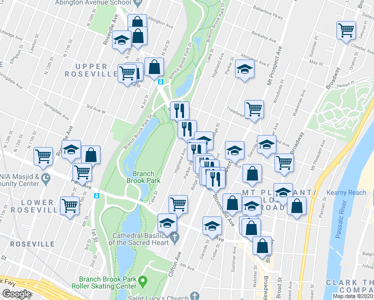 map of restaurants, bars, coffee shops, grocery stores, and more near 136 Highland Avenue in Newark