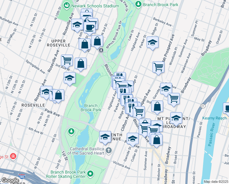 map of restaurants, bars, coffee shops, grocery stores, and more near 136 Highland Avenue in Newark