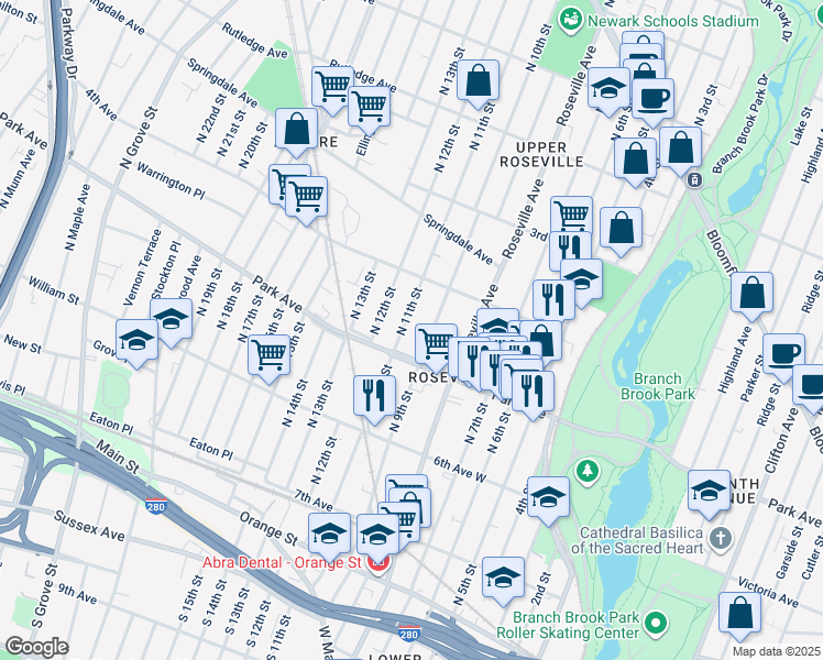 map of restaurants, bars, coffee shops, grocery stores, and more near 147 North 9th Street in Newark