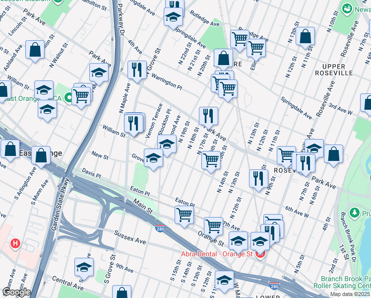 map of restaurants, bars, coffee shops, grocery stores, and more near 84 North 19th Street in East Orange