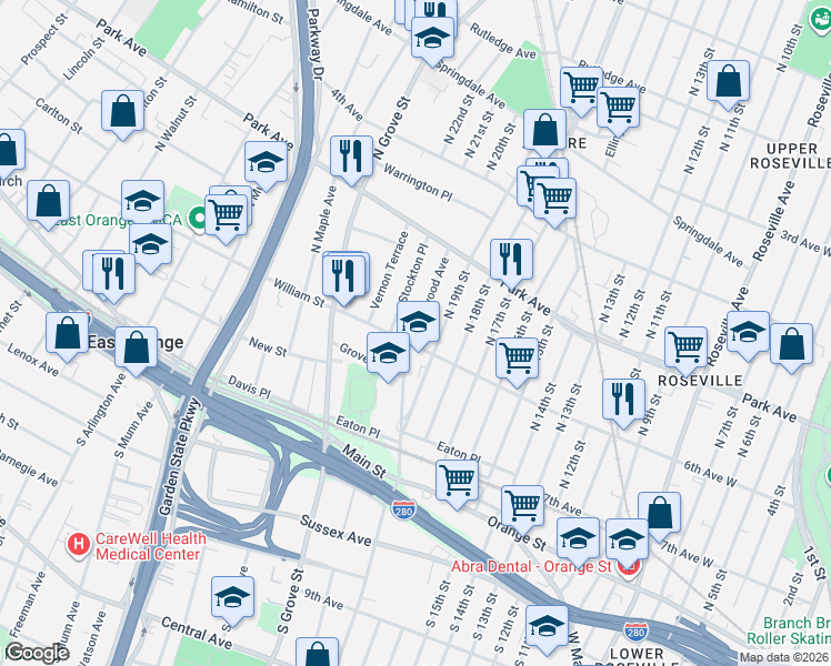 map of restaurants, bars, coffee shops, grocery stores, and more near 136 William Street in East Orange