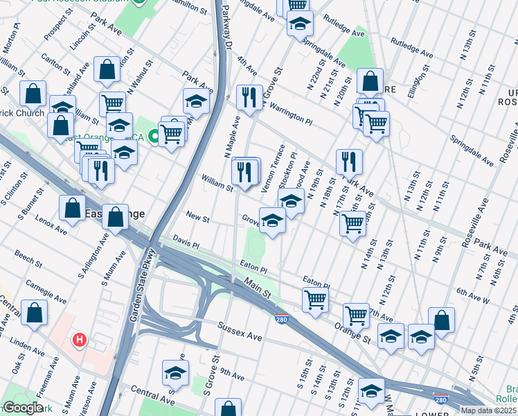 map of restaurants, bars, coffee shops, grocery stores, and more near 155 William Street in East Orange
