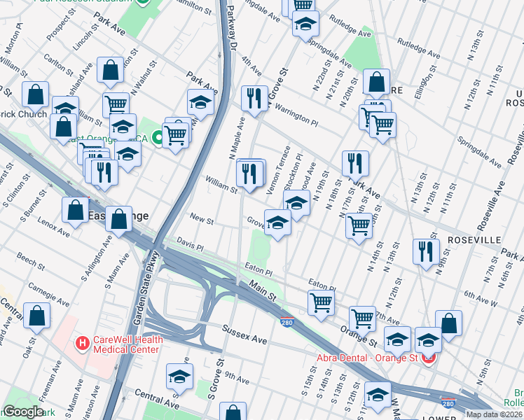 map of restaurants, bars, coffee shops, grocery stores, and more near 155 William Street in East Orange