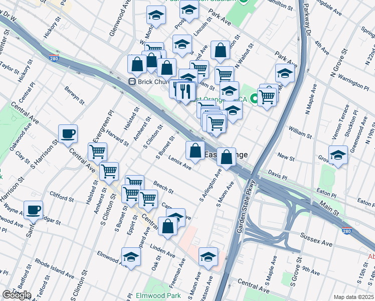 map of restaurants, bars, coffee shops, grocery stores, and more near 30 Lenox Avenue in East Orange