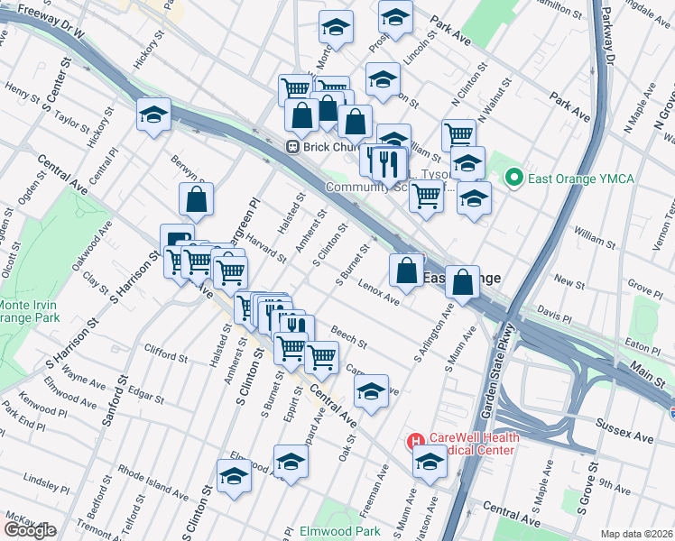 map of restaurants, bars, coffee shops, grocery stores, and more near 95 South Burnet Street in East Orange