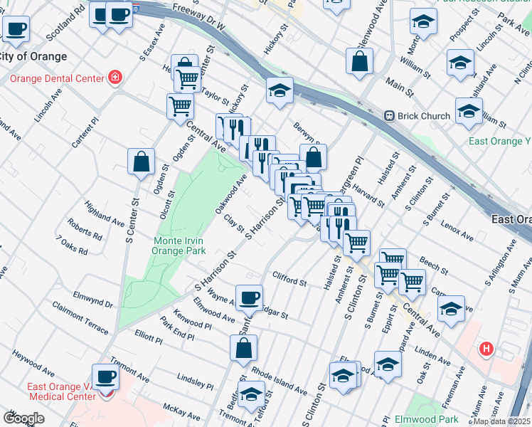 map of restaurants, bars, coffee shops, grocery stores, and more near 228 South Harrison Street in East Orange