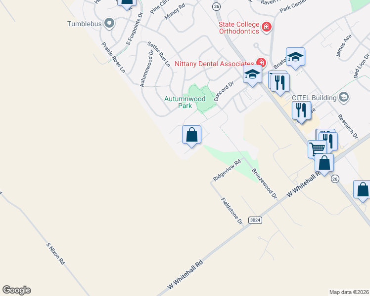 map of restaurants, bars, coffee shops, grocery stores, and more near 2399 Abington Circle in State College