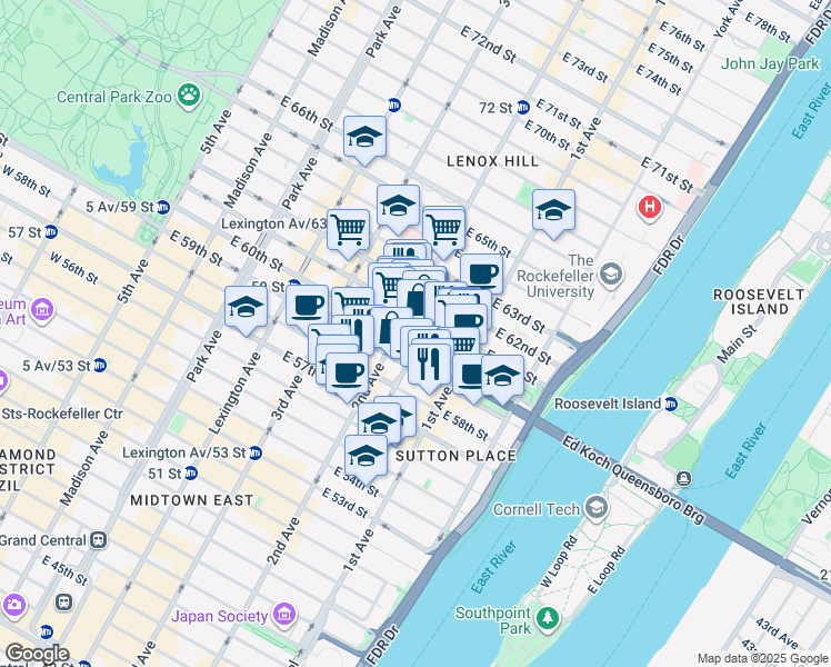 map of restaurants, bars, coffee shops, grocery stores, and more near 303 East 60th Street in New York