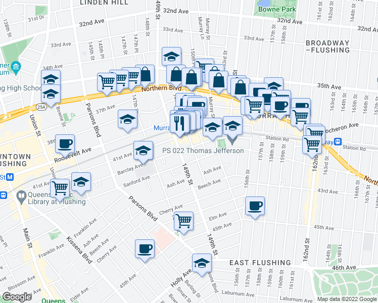 map of restaurants, bars, coffee shops, grocery stores, and more near 149-16 Barclay Avenue in Queens