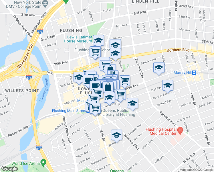 map of restaurants, bars, coffee shops, grocery stores, and more near 138-35 39th Avenue in Queens