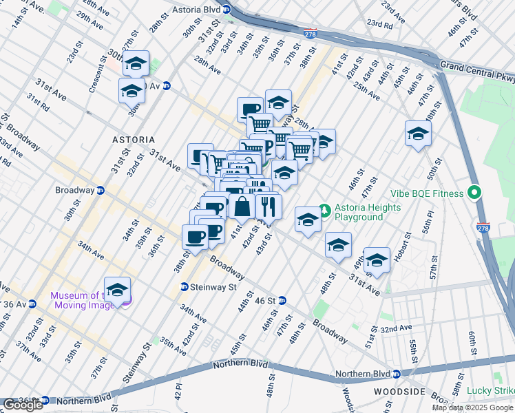 map of restaurants, bars, coffee shops, grocery stores, and more near 30-87 41st Street in Queens