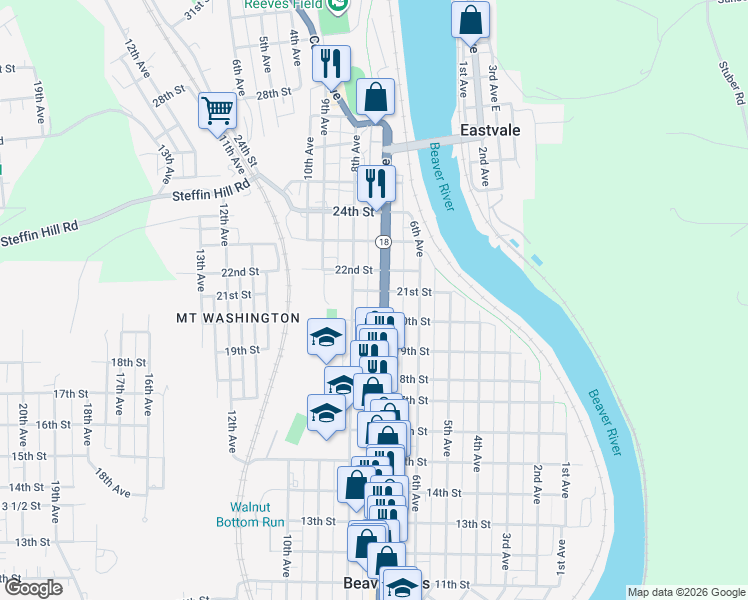 map of restaurants, bars, coffee shops, grocery stores, and more near 2020 7th Avenue in Beaver Falls