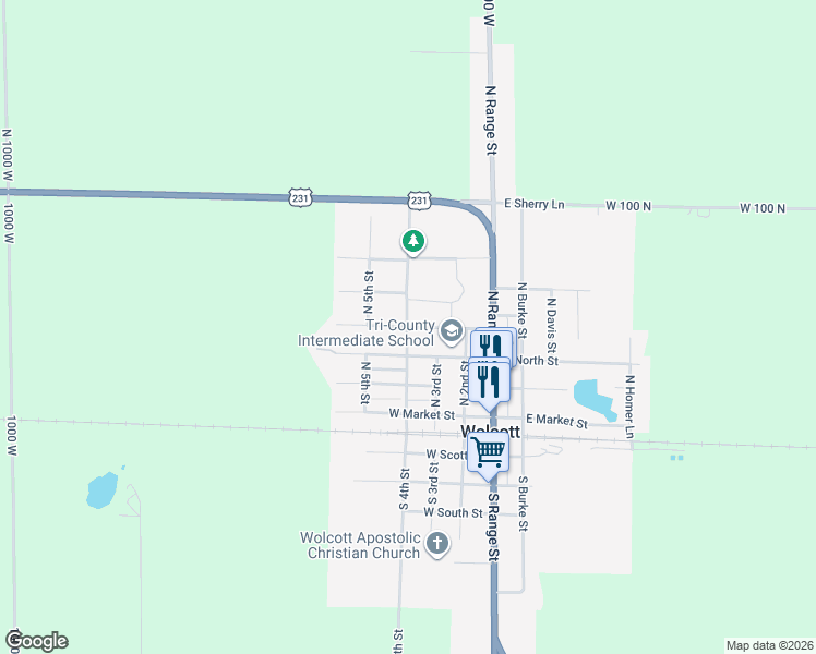 map of restaurants, bars, coffee shops, grocery stores, and more near 401 West School Street in Wolcott