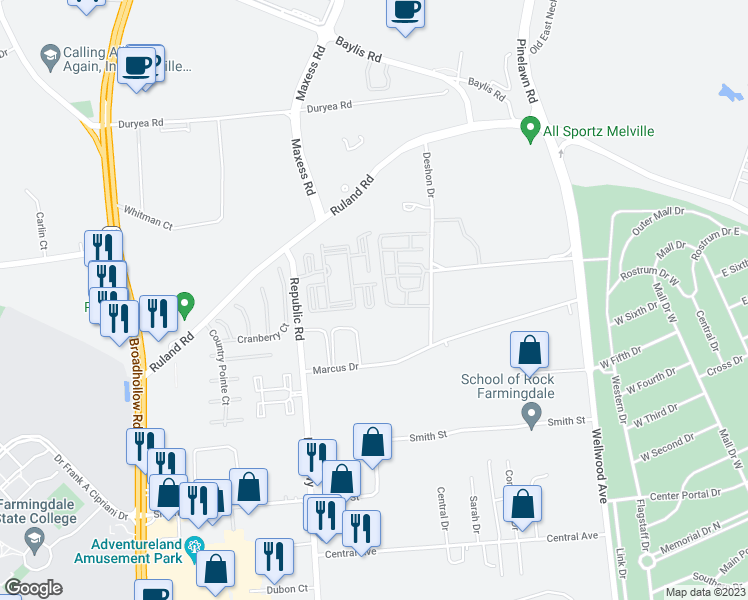 map of restaurants, bars, coffee shops, grocery stores, and more near 1115 Court North Drive in Melville