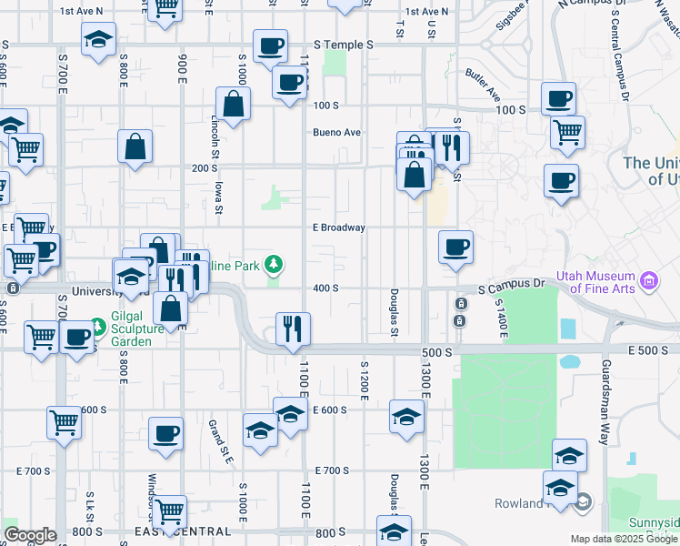 map of restaurants, bars, coffee shops, grocery stores, and more near 365 South Elizabeth Street in Salt Lake City