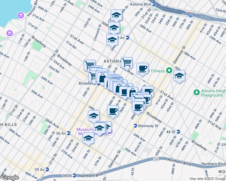 map of restaurants, bars, coffee shops, grocery stores, and more near 3403 Broadway in Queens
